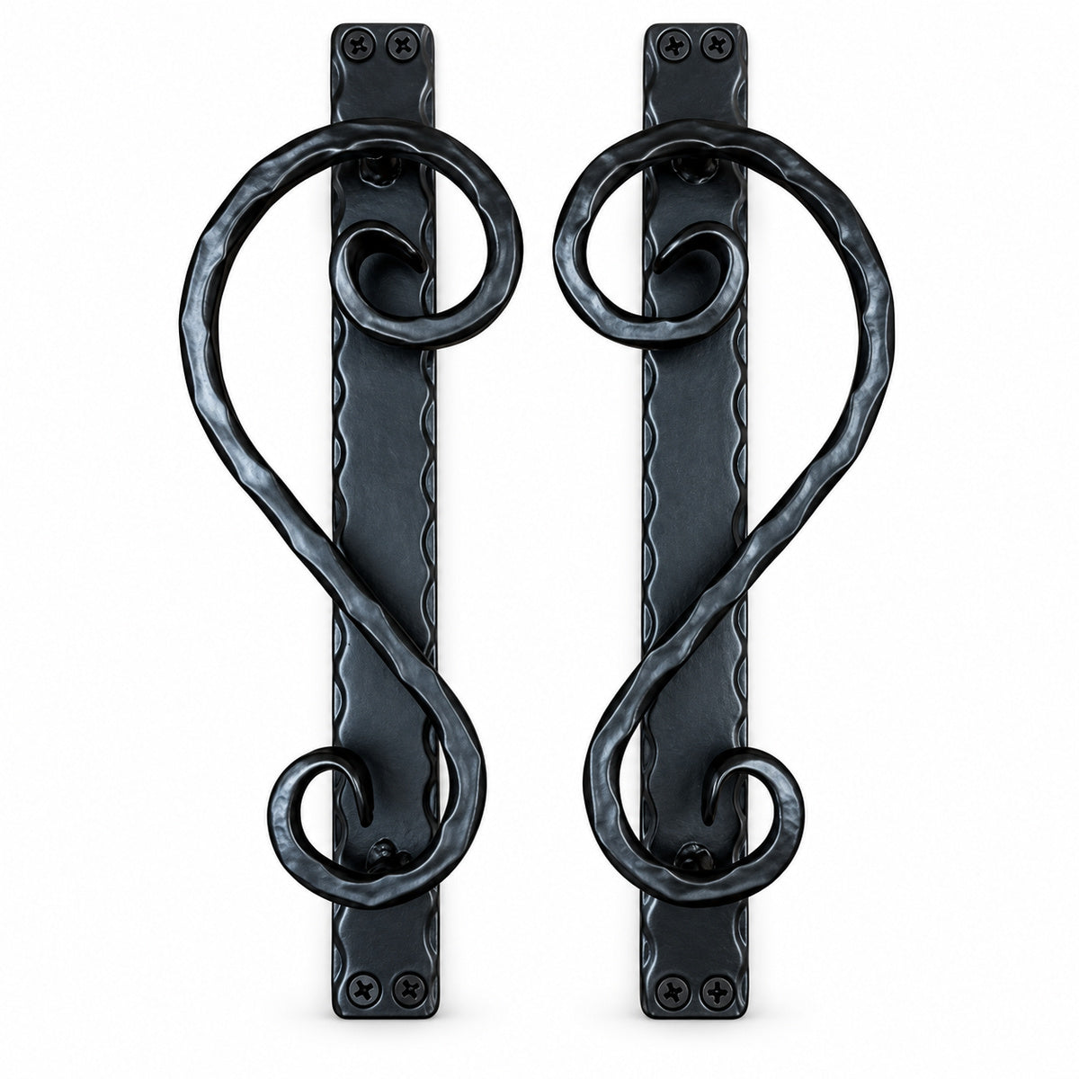 Pair of Fish Tail Scroll Door Pulls on a white background