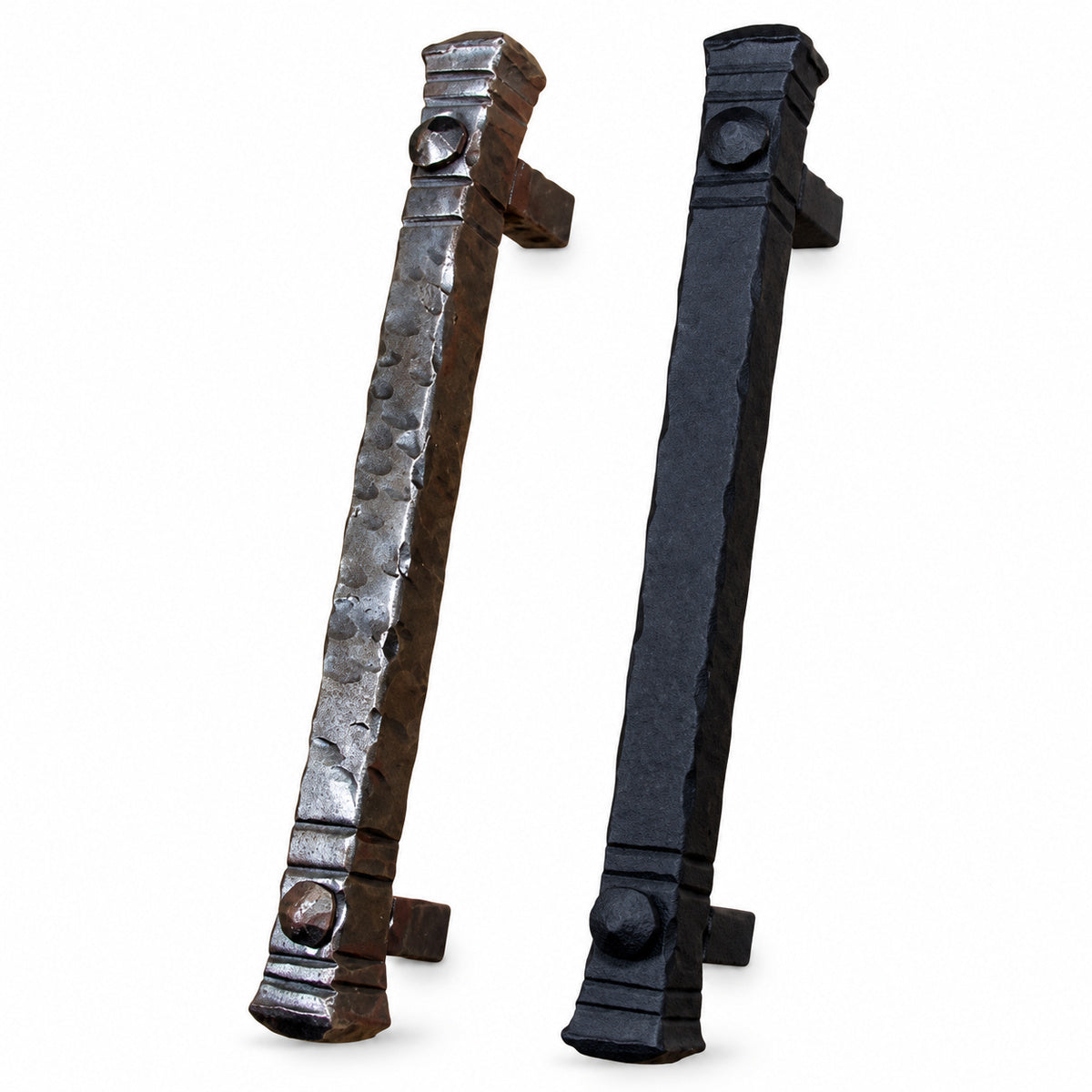 Two rustic metal door handles shown on a plain white background, one with a weathered unfinished metal hammered finish and the other in matte black.