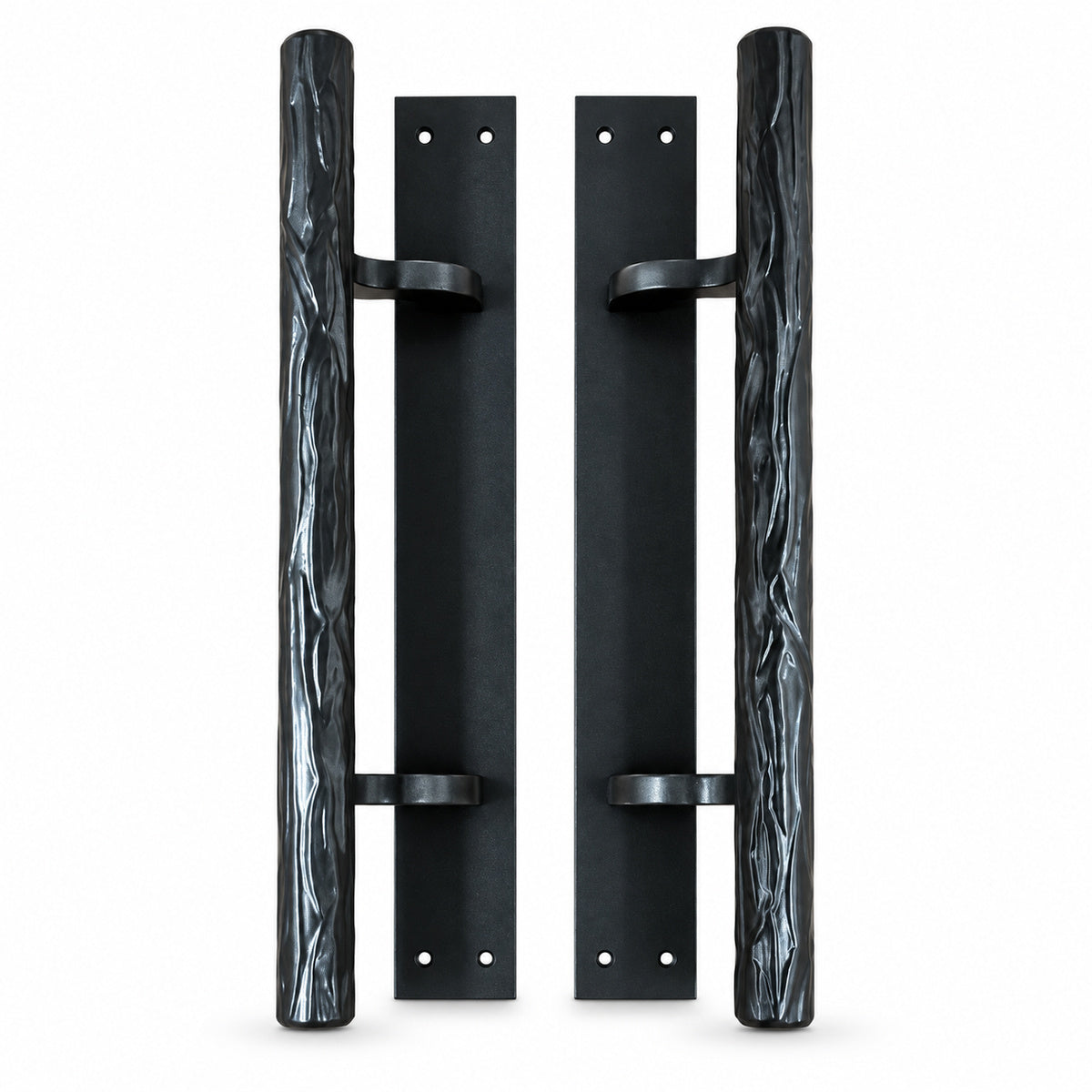 Offset Tree Branch Door Pull - Black powder coat finish - 12" handle, 12" back plate