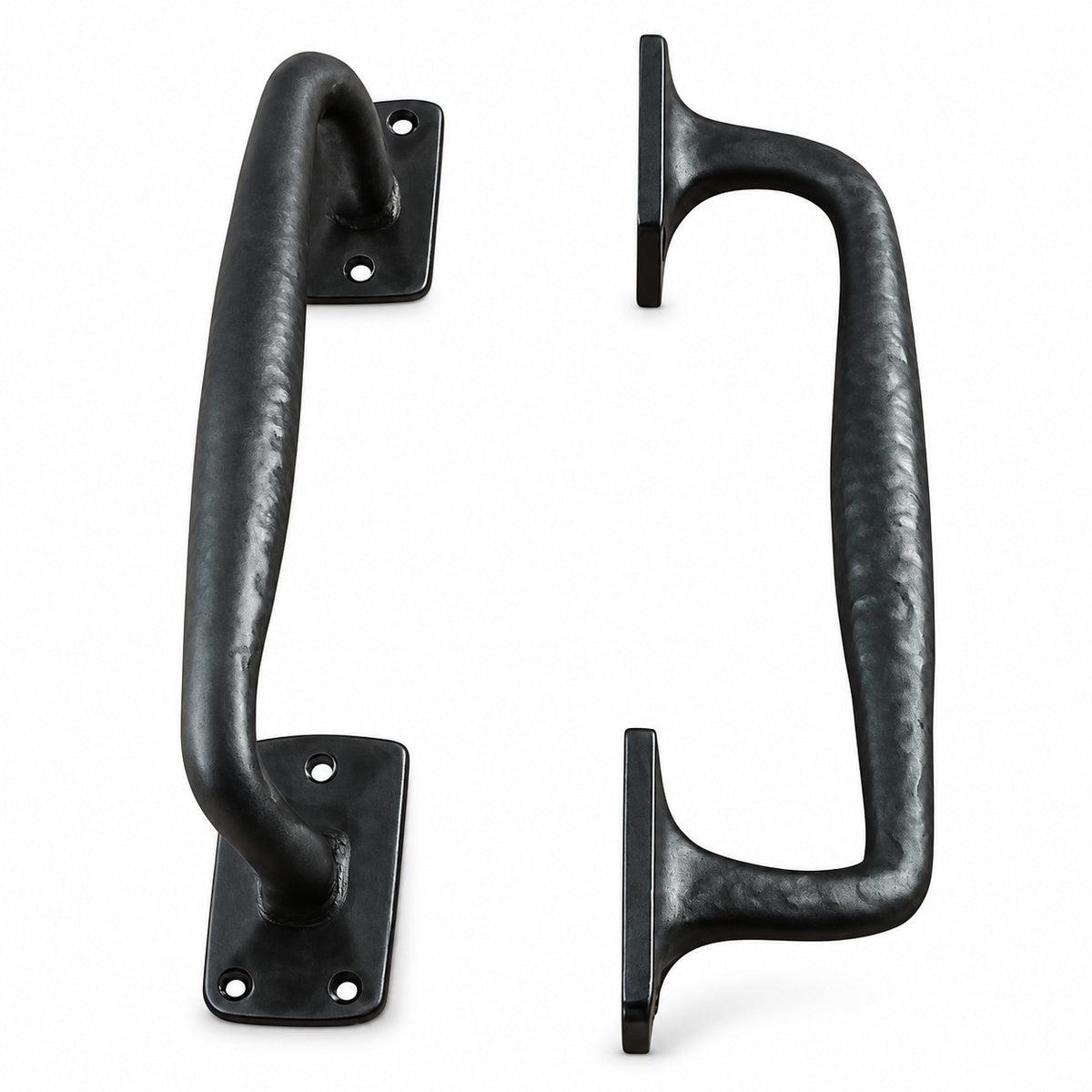 Two black metal pull handles with a textured, hammered finish, shown on a plain white background.