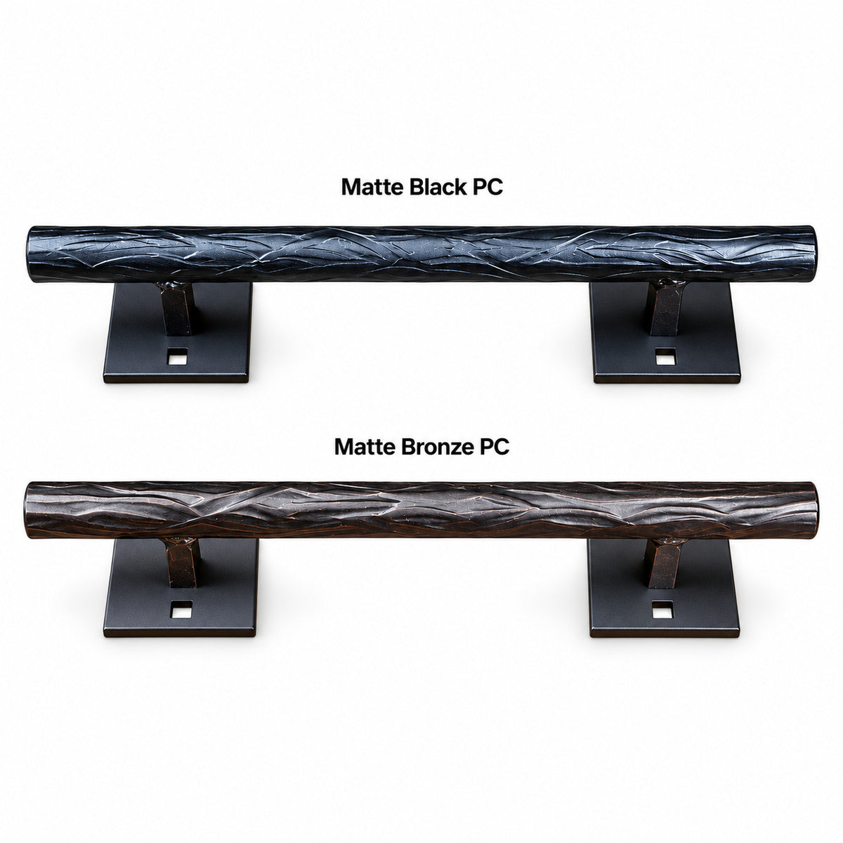 Two door pull handles shown on a white background, labeled 'Matte Black PC' and 'Matte Bronze PC.' Each handle has a textured cylindrical finish mounted on a square wall bracket.