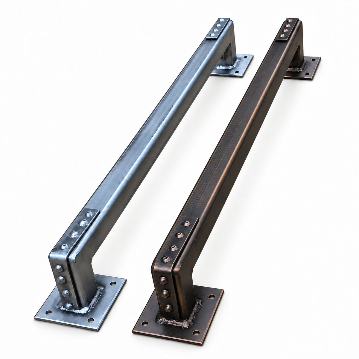 two large industrial style door pulls with a white background.