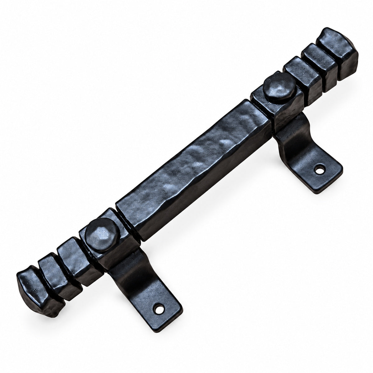 A black metal door pull handle with a textured, hammered finish and mounting brackets on both ends, shown on a plain white background.