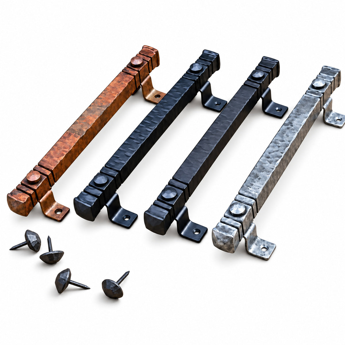4 large rustic hammered door pulls on a white background.