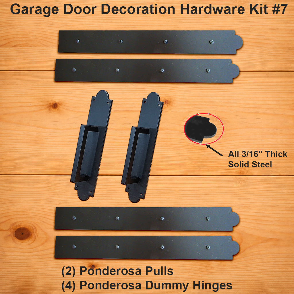 Garage door decorative hardware kit #7 with black metal components on a wooden background