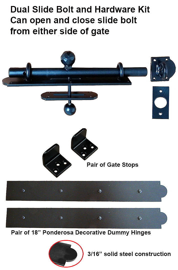 Complete Rustic Gate Hardware Kit – Decorative Strap Hinges, Dual-Side Slide Bolt Latch & Heavy Duty Gate Stops