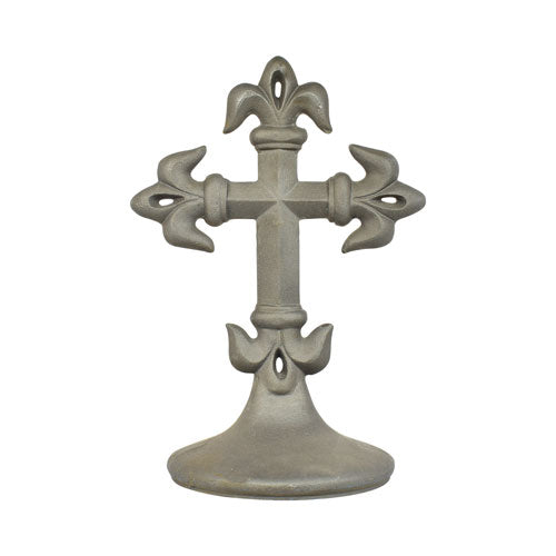 Fleur de Lis Cross with Base - Cast Iron - 9-5/8&quot; Inch W x 13-1/2&quot; Inch H x 7-1/2&quot; Inch Base Diameter - Multiple Finishes Available - Sold Individually