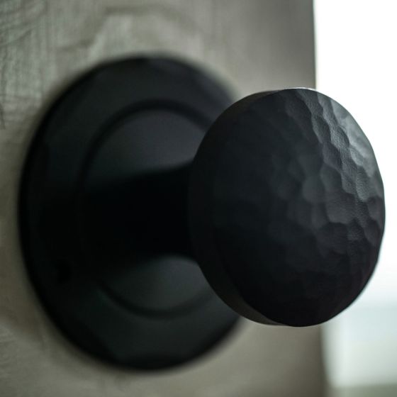 Iron Art Hammered Double Knob Passage Set - 2-3/8" Inch Backset - Round Rose - Matte Black Finish - Sold as Set