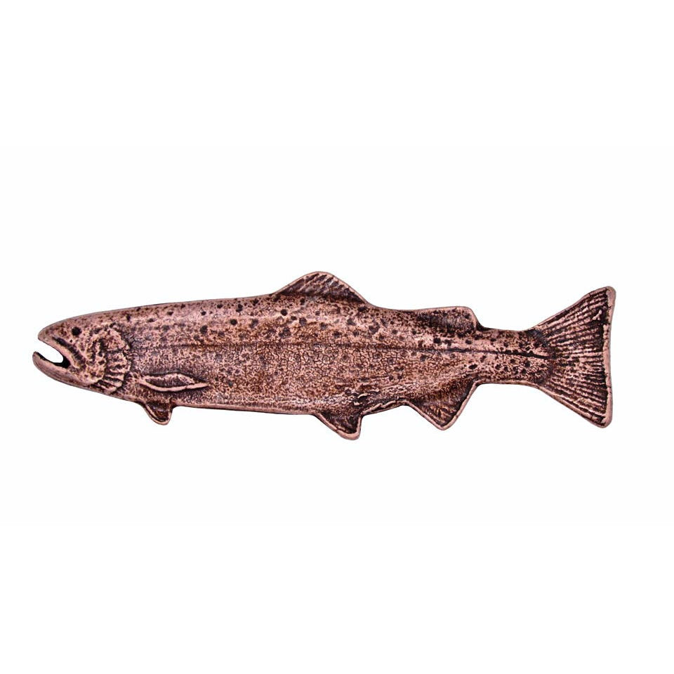 Rustic long trout cabinet pulls facing left in Copper