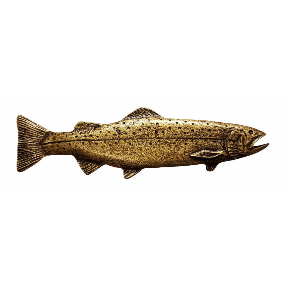 Rustic long trout cabinet pulls facing right in oil-rubbed Antique Brass