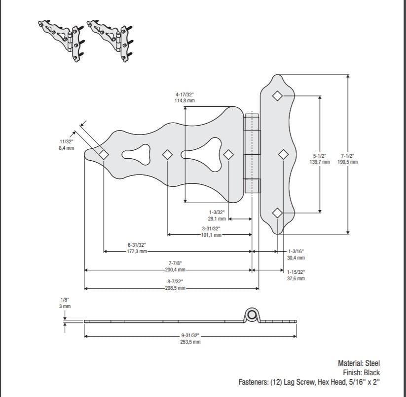 Decorative T Hinges - Black - 8 To 10 Inches - 2 Pack