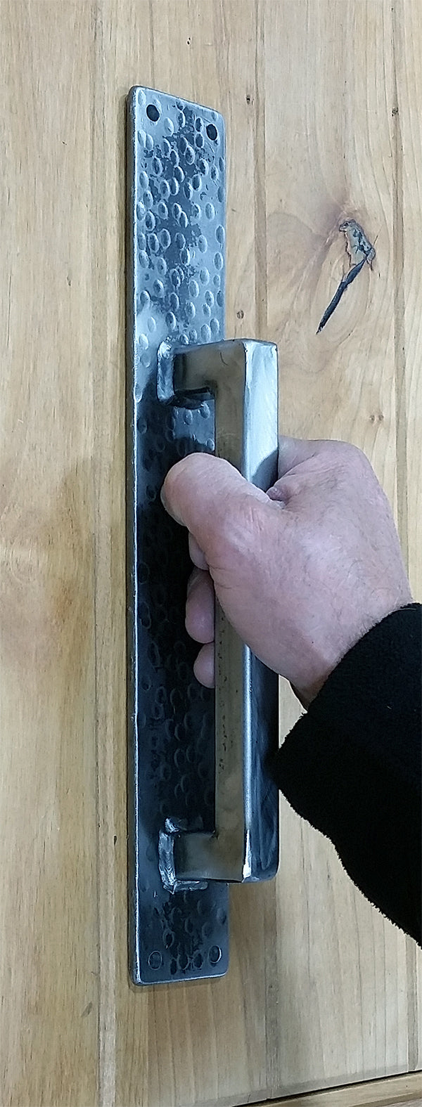 Beefy Barn Door Handle with Hammered Backplate NMF - Hand - Wild West Hardware