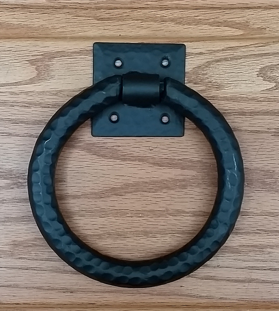 Distressed 6" ring pull with hammered back plate (our largest in this class) - Wild West Hardware