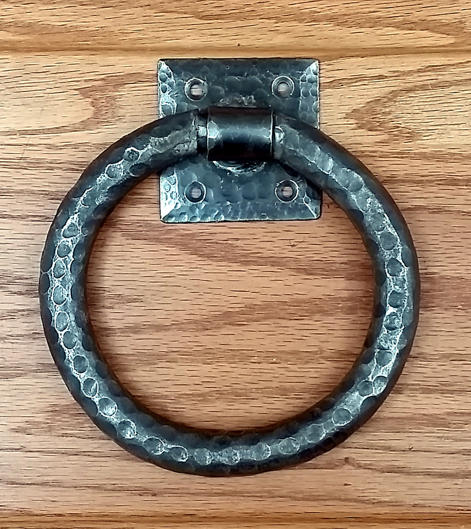 Distressed 6" ring pull with hammered back plate (our largest in this class) - Wild West Hardware