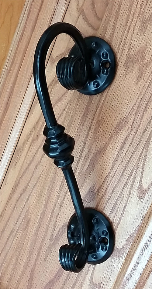 Scrolled Door Pull with decorative round base plates - Wild West Hardware