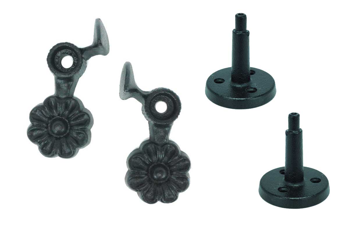 Shutter Dogs Tiebacks - Flower with Lag - 4-1/2 Inch - Black Powder Coat