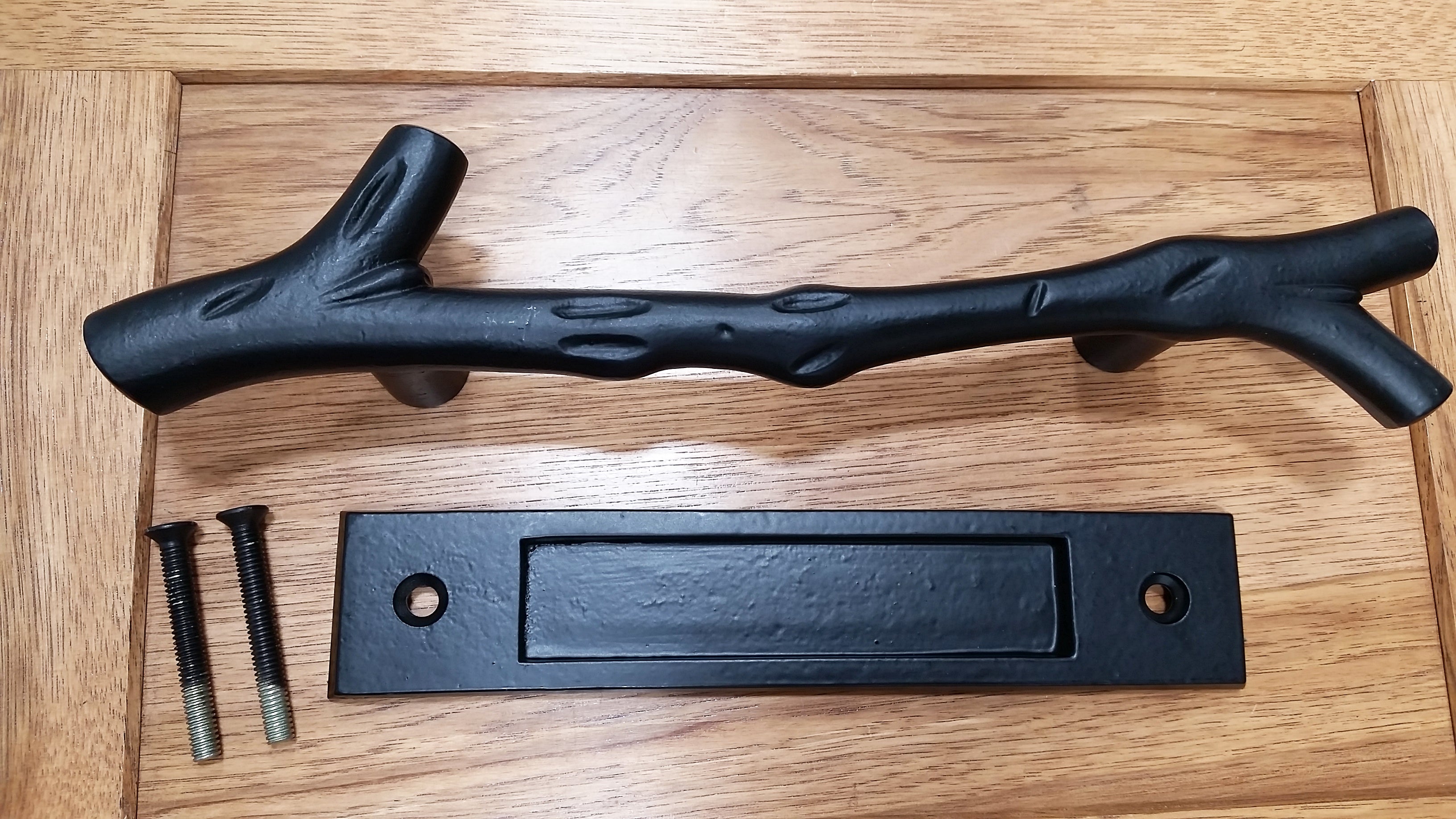 Large Tree Branch Barn Door Handle and Matching Smooth Flush Pull Set - Top View - Wild West Hardware