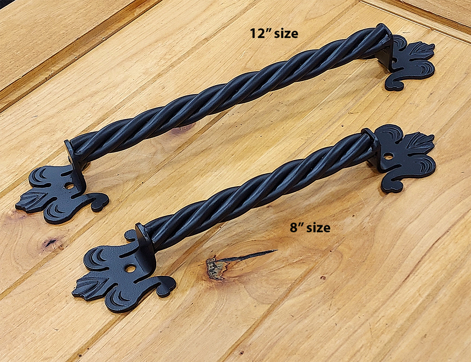 Twisted strand iron barn door handle with Fleur De Lis mounting plates - 2 sizes - Wild West Hardware