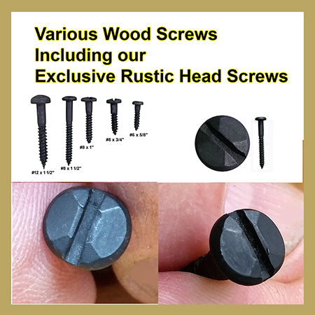 A photo of rustic pyramid head wood screws in different lengths, including 1 1/2 inches, 1 inch, 3/4 inch, and 5/8 inch.