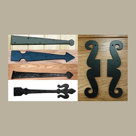 An assortment of dummy hinges, non-functioning decorative hinges used for doors or shutters, displayed on a white background.