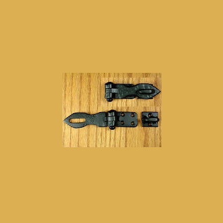 A distressed hasp, a metal fastener with a hinged strap and a slotted post, displayed on a white background.