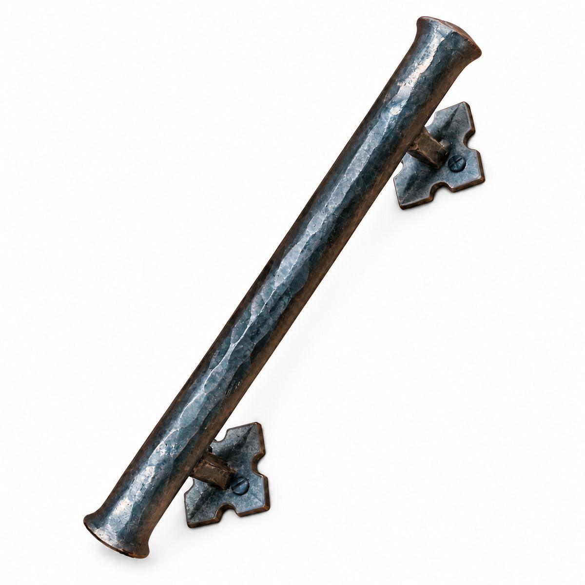 A rustic hammered metal pull handle with a textured, oxidized finish in dark blue-gray and brown tones, shown on a plain white background.