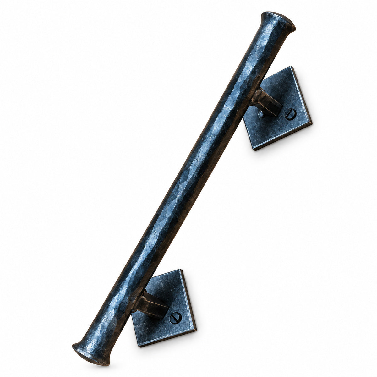 A hammered dark metal bar handle with two square wall mounts, shown diagonally on a plain white background.