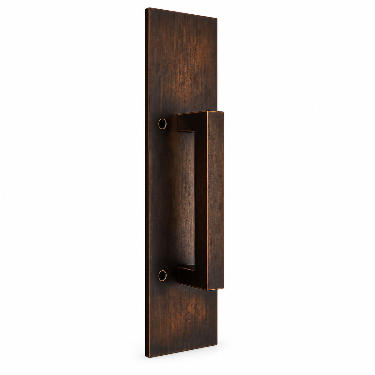 A modern  door handle with a rectangular backplate in a dark bronze finish, shown on a plain white background.