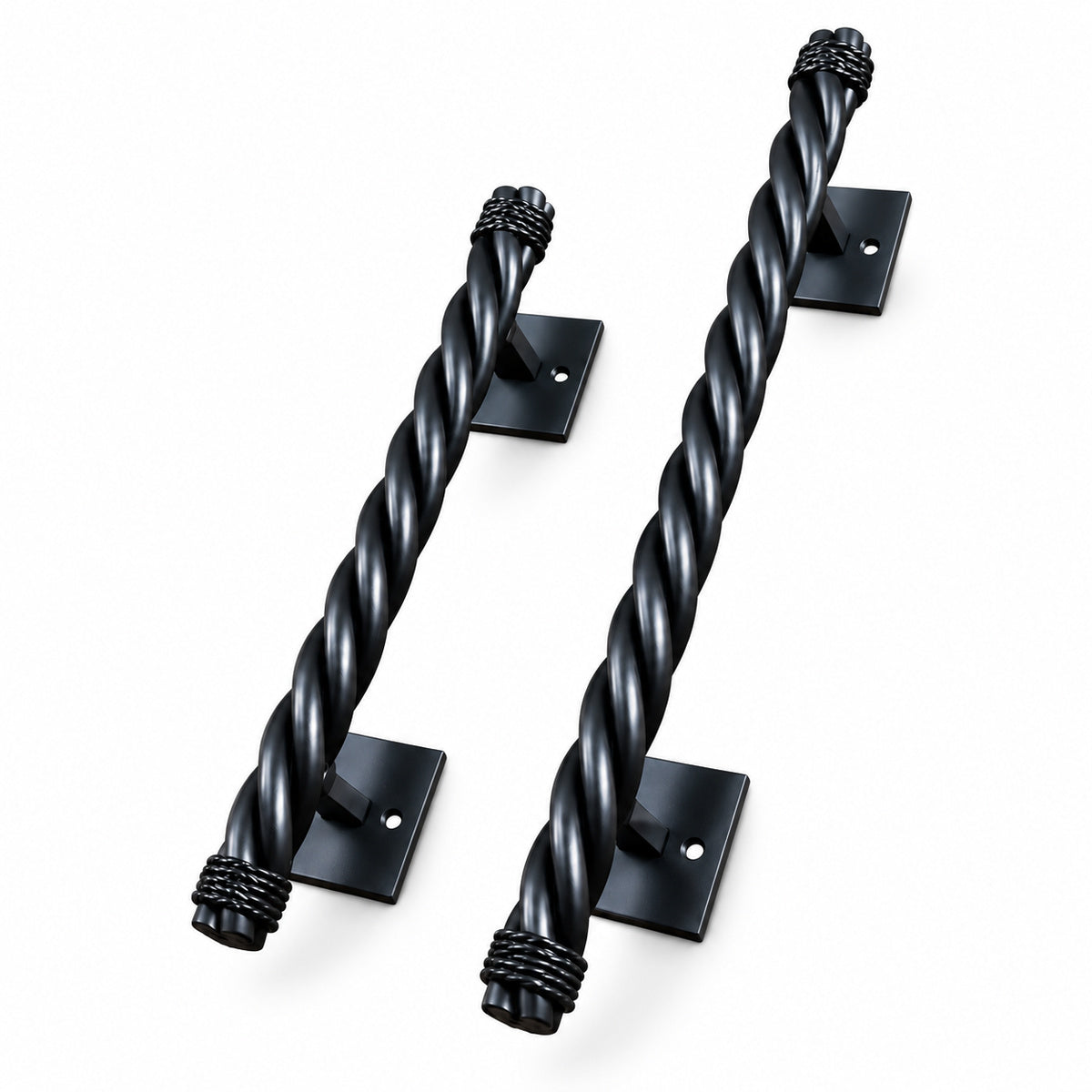Two black twisted metal door handles with square wall mounts, shown on a clean white background.