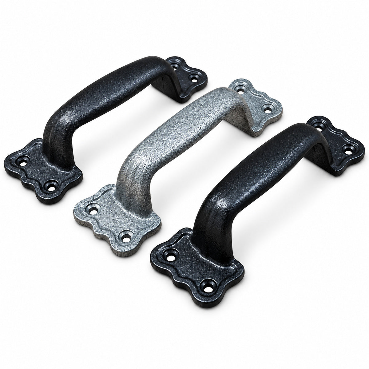 3 farmhouse style door handles on a white background.