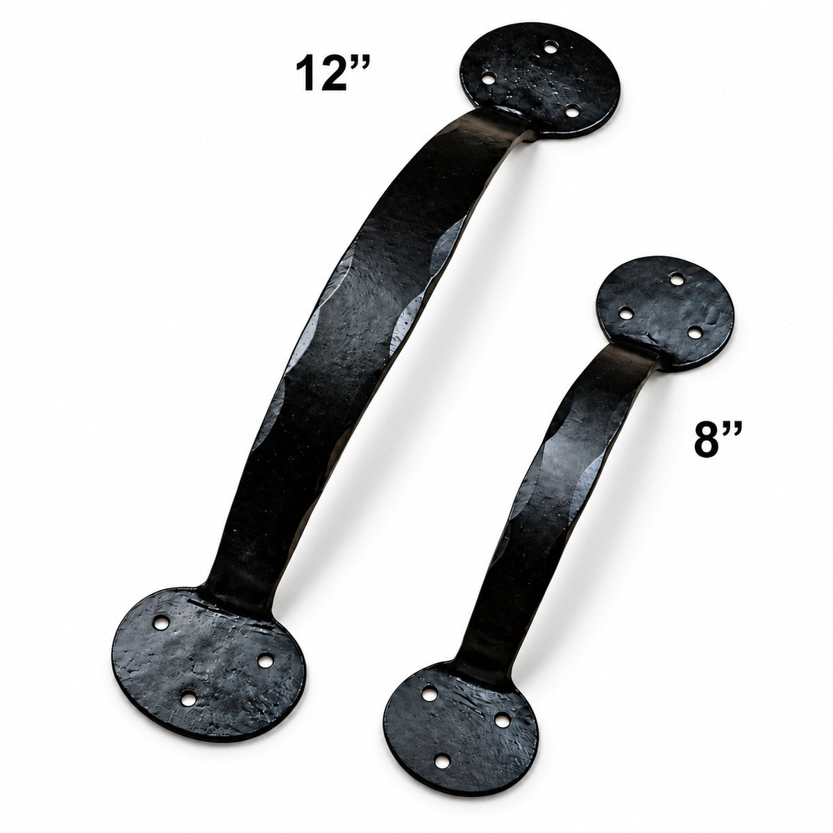 Two black metal door pulls shown on a white background, labeled 12 inches and 8 inches, with no people or real environment present.