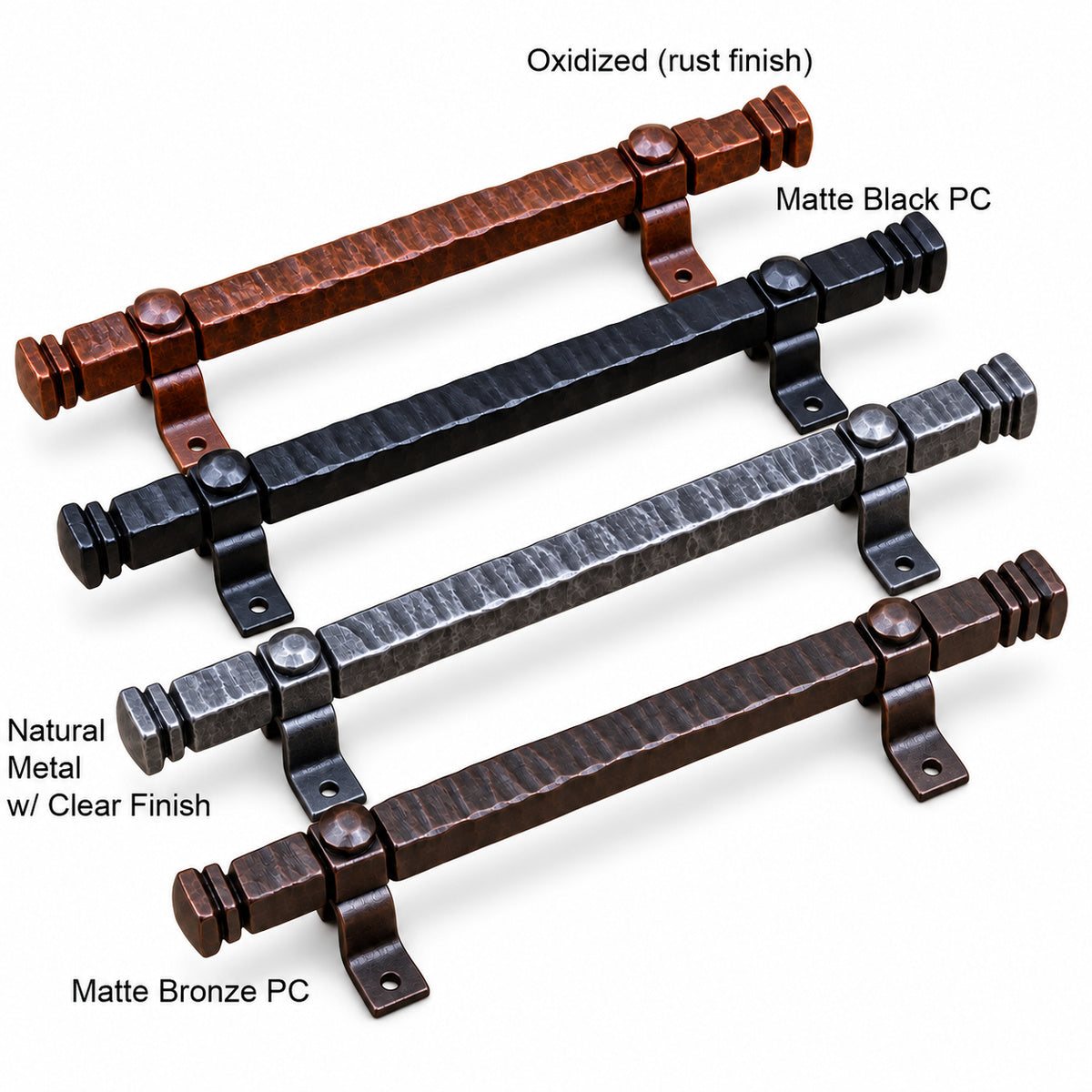 4 Rustic hammered door handles in various finishes on a white background.