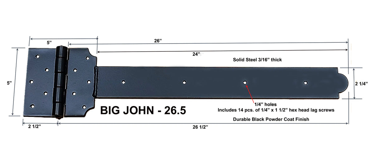 Super Heavy Duty Strap Hinge T-Hinge - Decorative Strap Hinge - "Big John" 3 Sizes