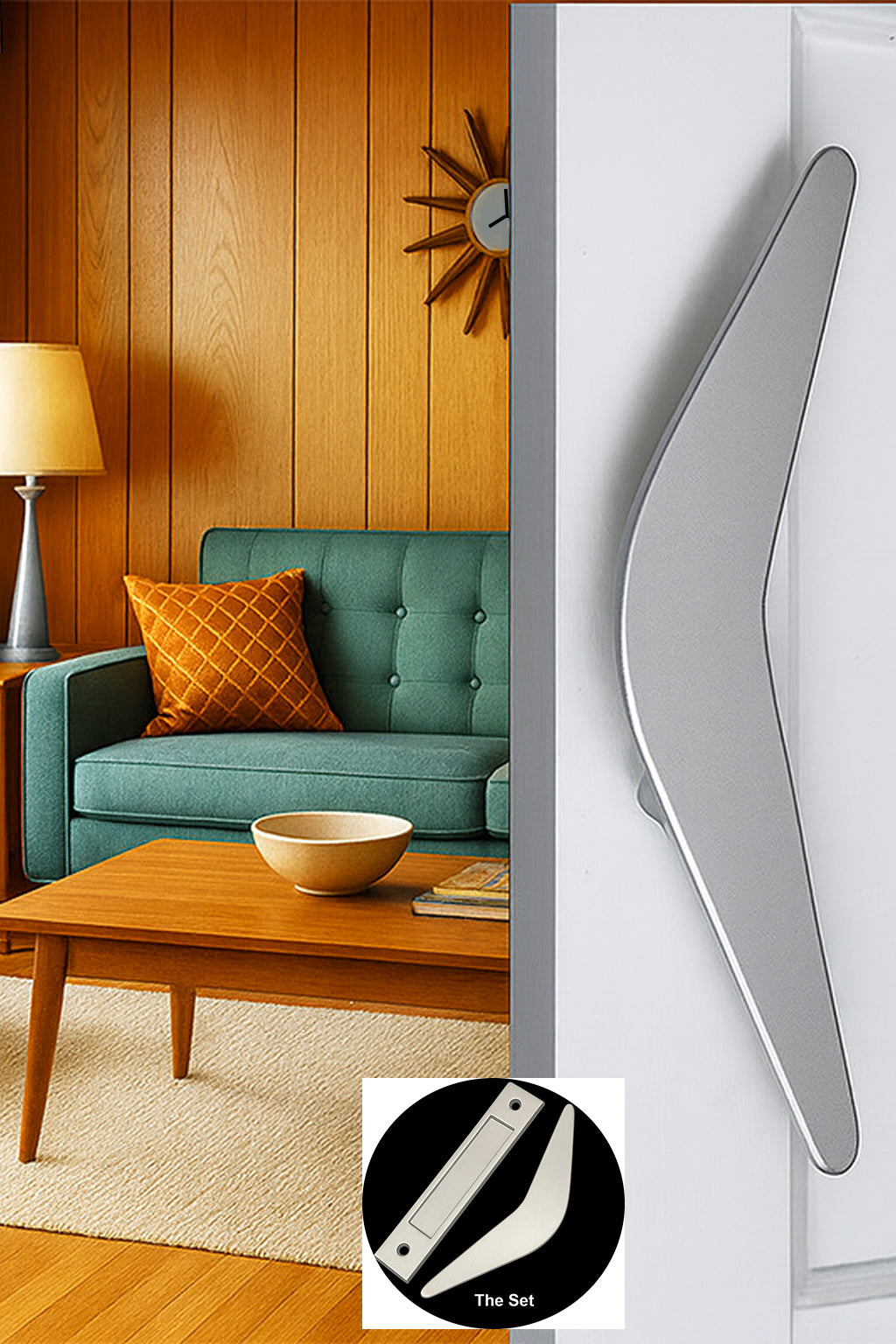 Mid Century Modern Boomerang Style Door Pull and Flush Pull Set for Interior Sliding Doors - sold as set