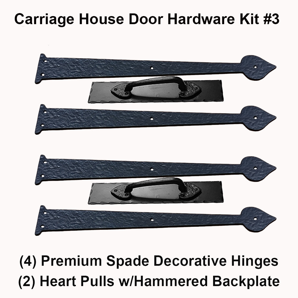 Carriage House Door decorative hardware with faux hinges and door pulls