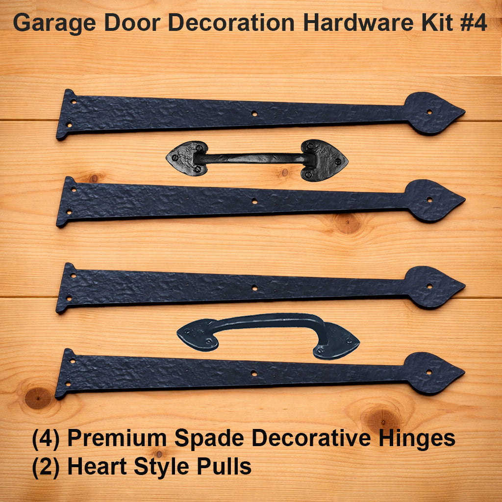 Garage Door Decorative Hardware Kit #4 with Spade Faux Hinges and Dainty Heart Style door pulls