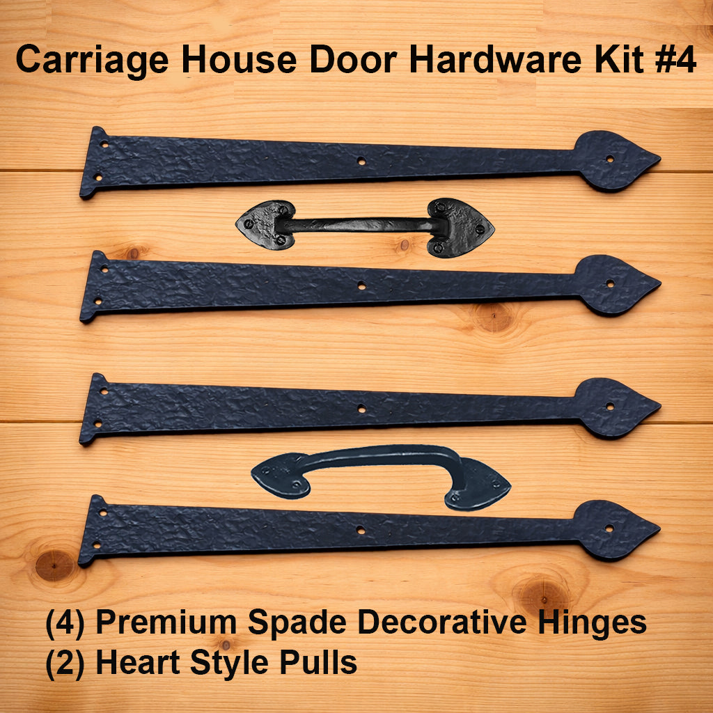 Carriage Door Hardware Kit #4 with Spade Faux Hinges and Dainty Heart Style door pulls