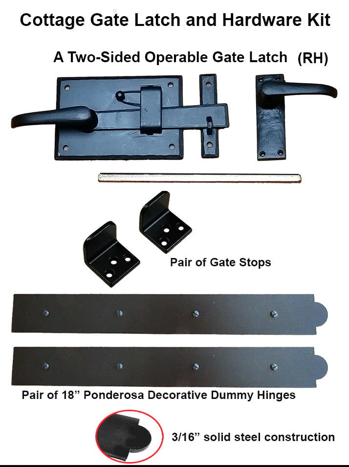 Rustic Gate Hardware Kit – Decorative Strap Hinges, Cottage Gate Latch & Heavy-Duty Gate Stops