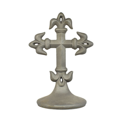 Fleur de Lis Cross with Base - Cast Iron - 9-5/8" Inch W x 13-1/2" Inch H x 7-1/2" Inch Base Diameter - Multiple Finishes Available - Sold Individually