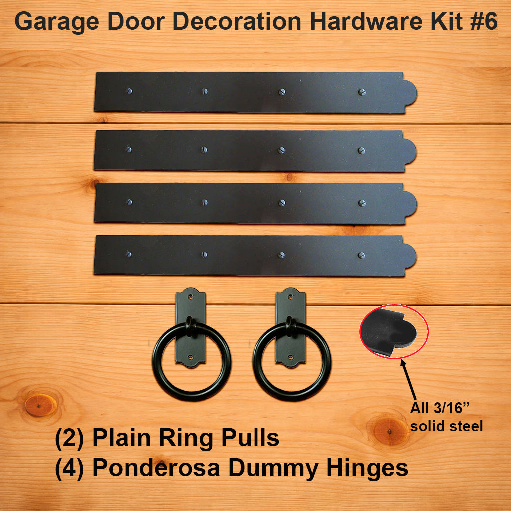 Garage door decoration hardware kit #6 with plain ring pulls and ponderosa dummy hinges on a wooden background.