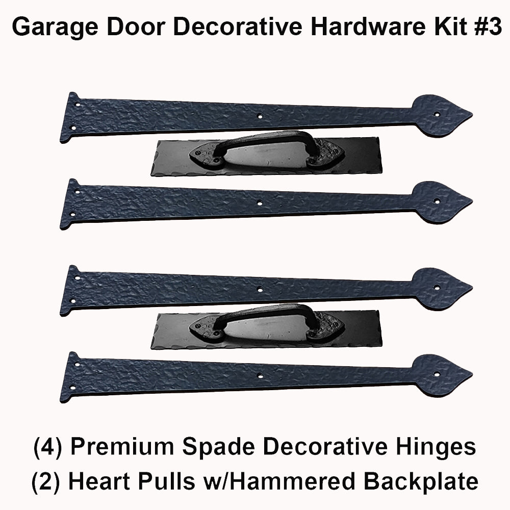 Garage door decorative hardware kit #3 with spade hinges and heart pulls on a white background