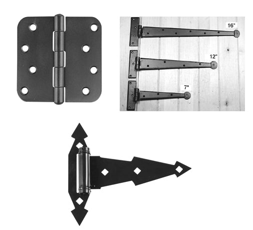A collection of gate hinges in various sizes and designs, displayed on a white background.