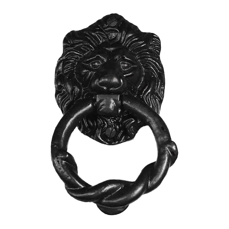 Black lion head door knocker with twisted ring