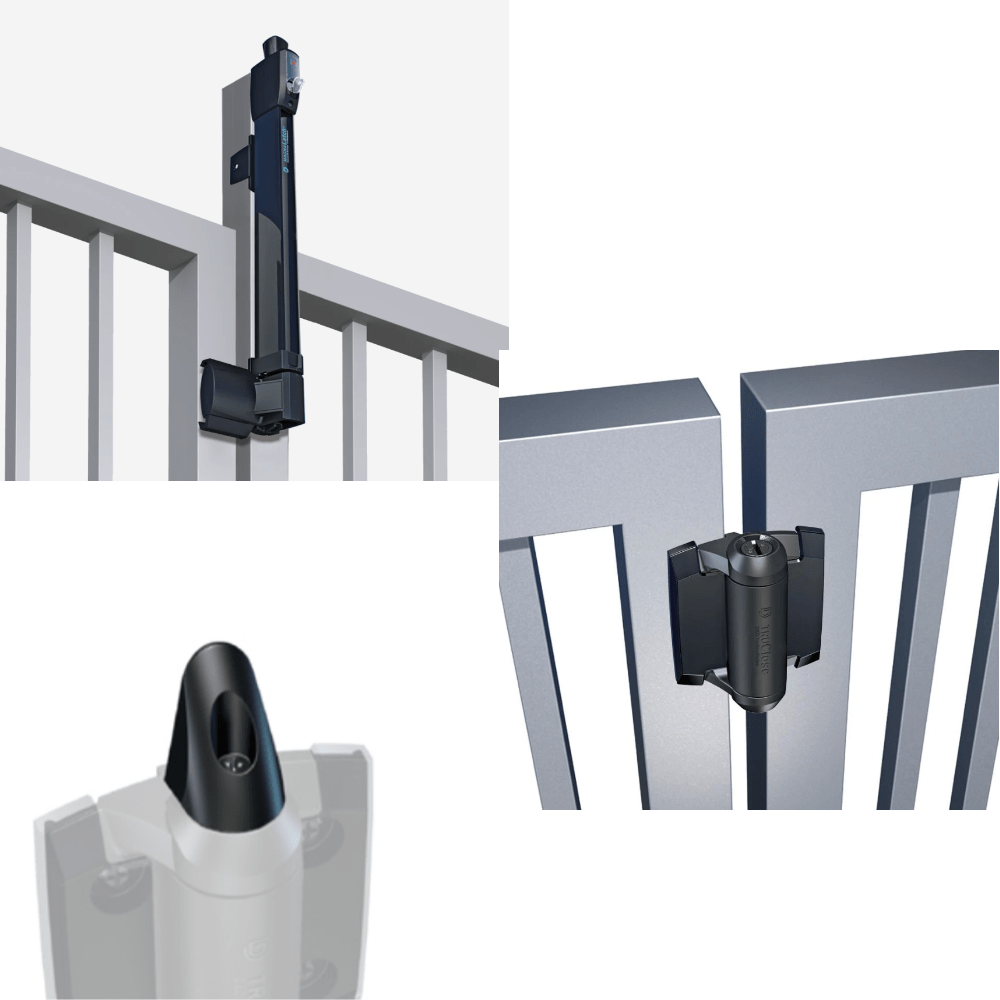 Self-Closing Gate Hinges - Magnalatch Safety Gate Latch - Top Pull Kit - Includes Pair Truclose 1 Leg Adjustable Gate Spring &amp; Truclose Hinge Safety Cap