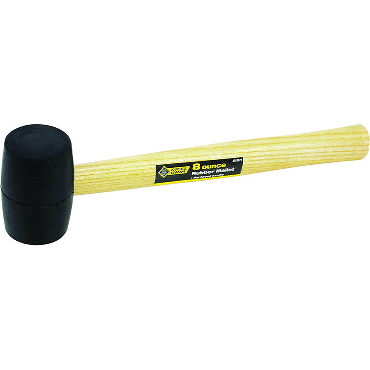 Black rubber mallet with a yellow handle on a white background