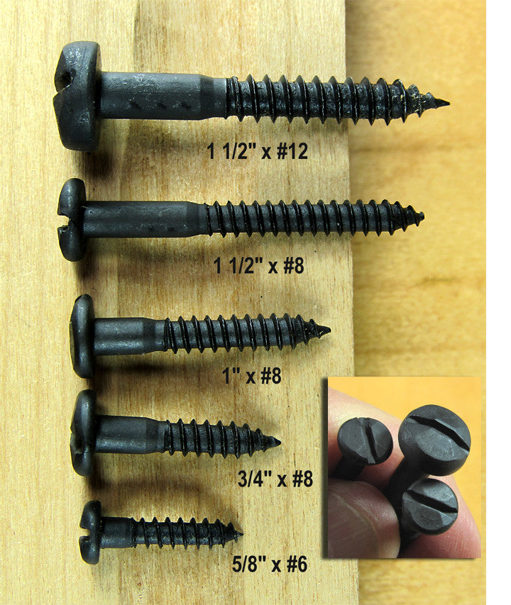 A photo of rustic pyramid head wood screws in different lengths, including 1 1/2 inches, 1 inch, 3/4 inch, and 5/8 inch.