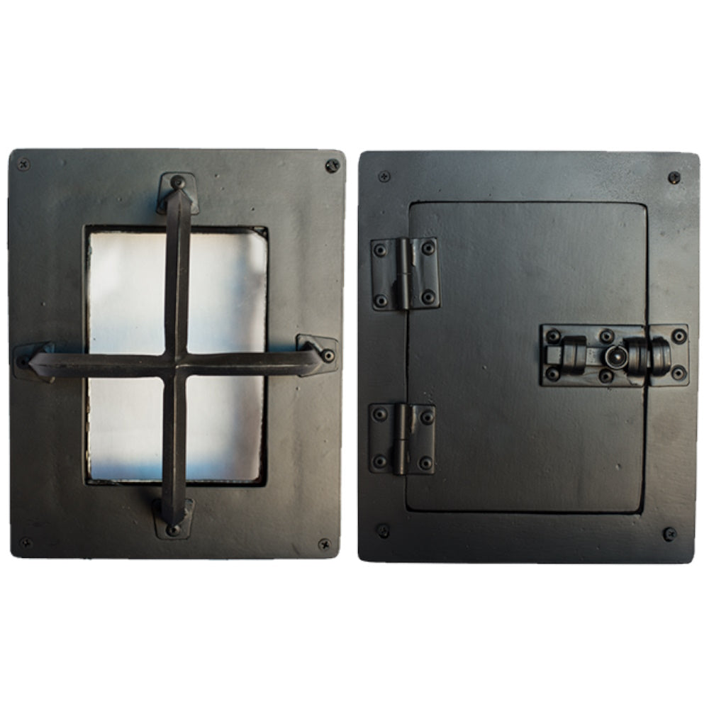 Speakeasy Grille Door Kit - Hinged Iron Door Viewer with Insulated Glass - 10-3/4&quot; x 8-3/4&quot; - 2 Bars - Multiple Finishes Available - Sold as Set