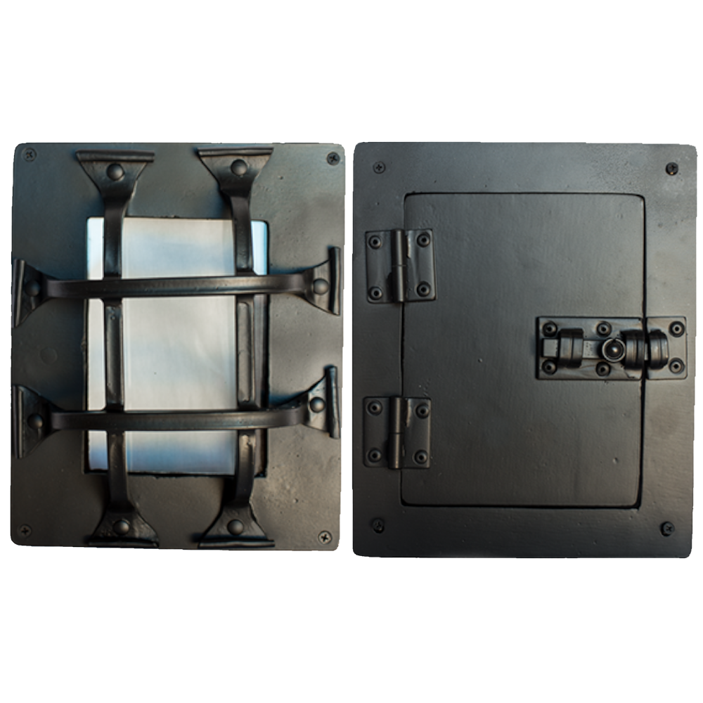 Curled Tip Speakeasy Grille Door Kit - Hinged Door Viewer with Insulated Glass - 10-3/4&quot; x 8-3/4&quot; - 4 Bars - Multiple Finishes Available - Sold as Set