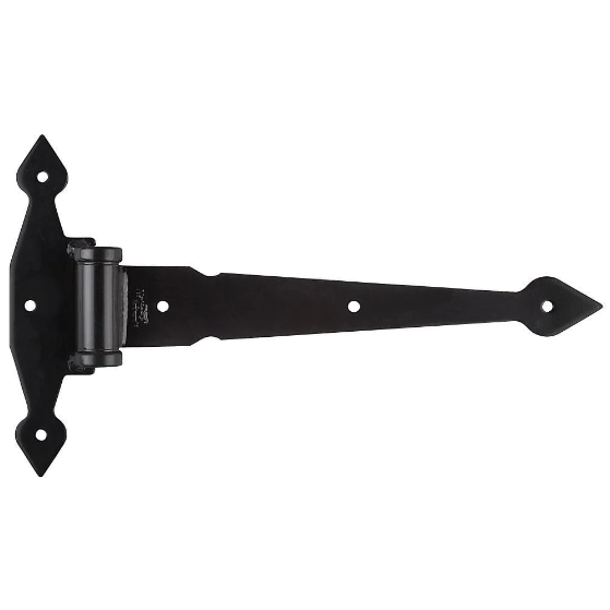 A collection of T hinges, used for hanging doors and gates, displayed on a white background.