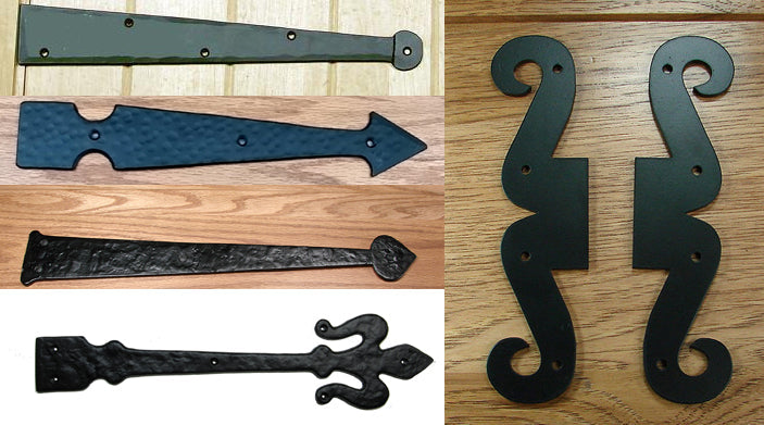 An assortment of dummy hinges, non-functioning decorative hinges used for doors or shutters, displayed on a white background.